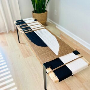 Hand Woven Bench, Wooden Bench For Sitting, End of Bed Table