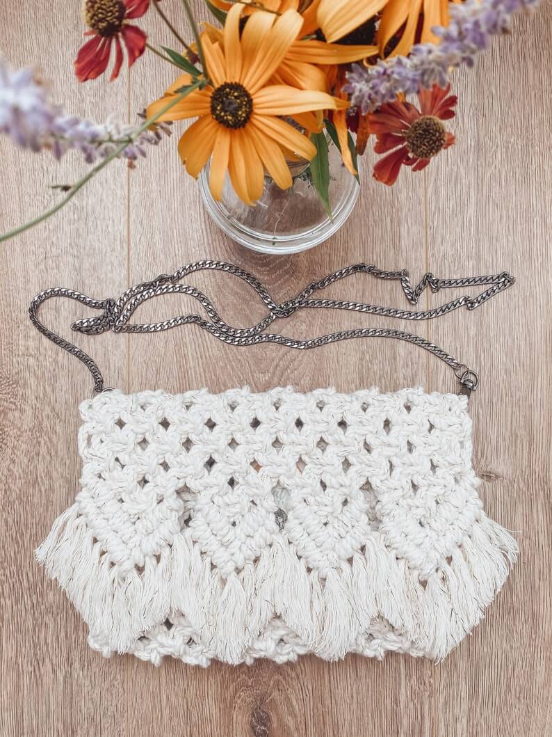 white macrame crossbody fringe bag