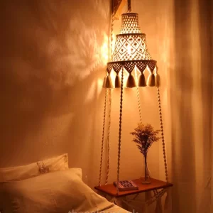 Boho Pendant Lamp With Floating Decorative Shelf, Macrame Hanging Lamp with shelf Hanging Rope Shelf, Wooden Rack Boho Home Decor